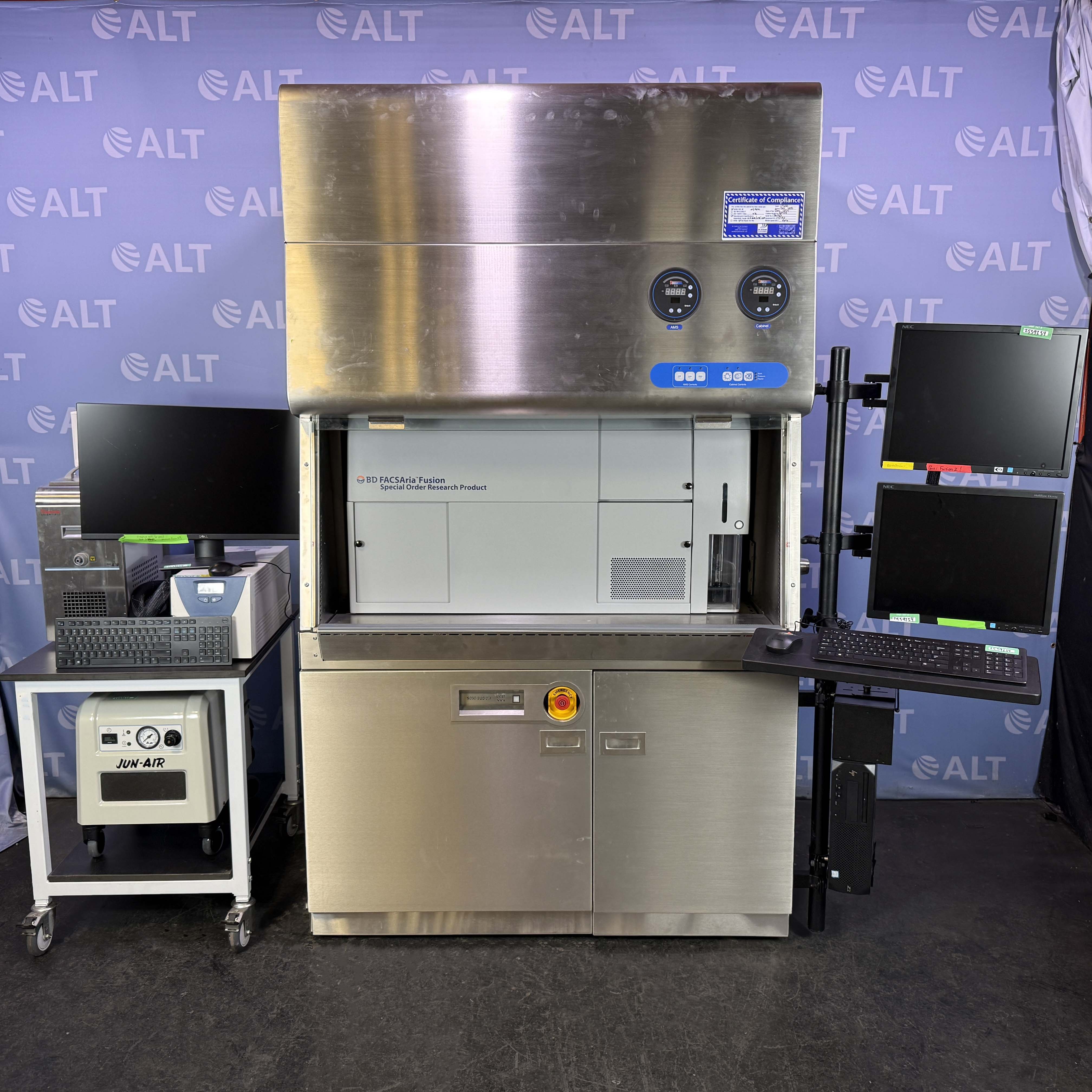 BD Biosciences FACSAria Fusion Flow Cytometer With BD400 Class II Biosafety Cabinet, Thermo Scientific Chiller, And JUN-AIR Compressor