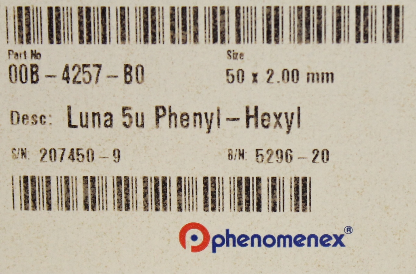 Phenomenex Luna 5 m Phenyl-Hexyl 100 , LC Column 50 x 2 mm P/N 00B-4257-B0.